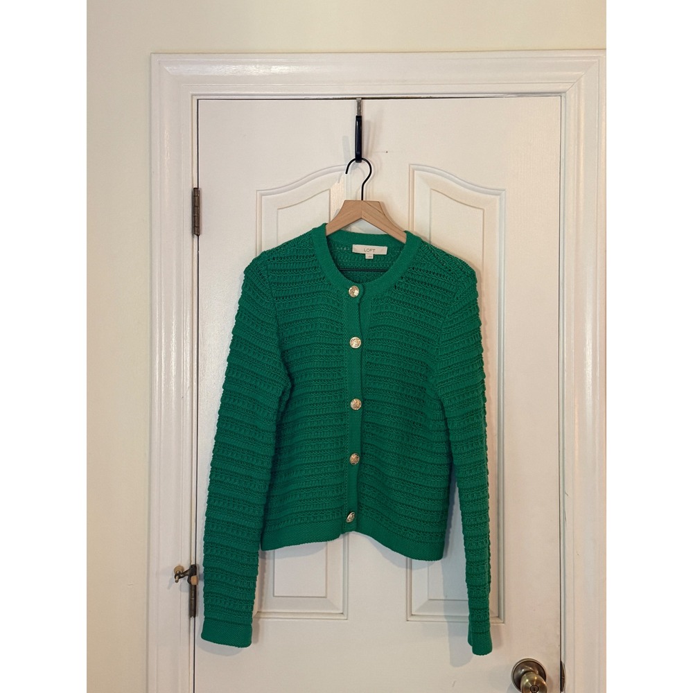 LOFT | 2024 Cardigan Sweater Large Green Textured Knit Gold Button Lady Jacket - Picture 4 of 12